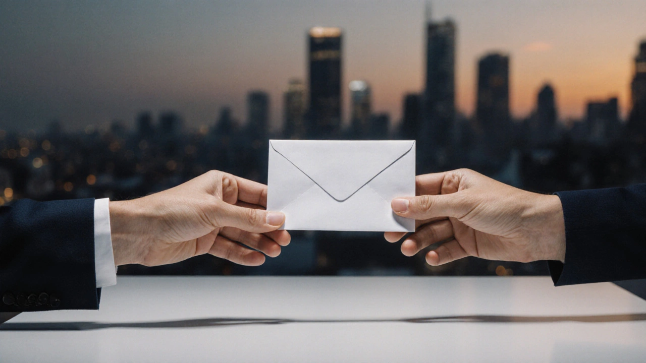A cash envelope is passed across a minimalist table, symbolizing professional boundaries and respect.