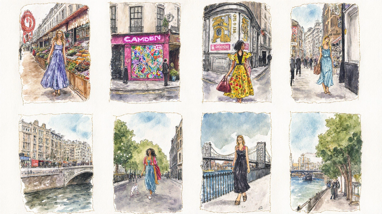 A collage of ten stylized women representing different London districts and landmarks.