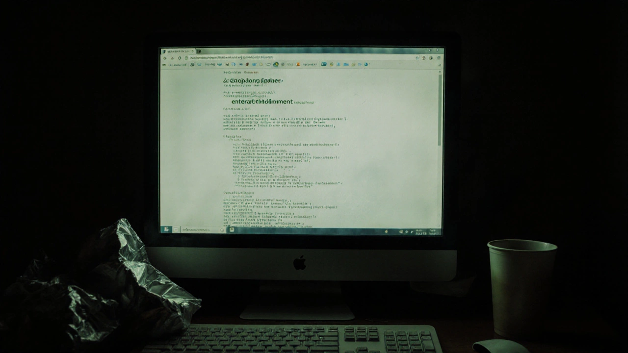 A computer screen showing coded online ads for companionship in a dim room.