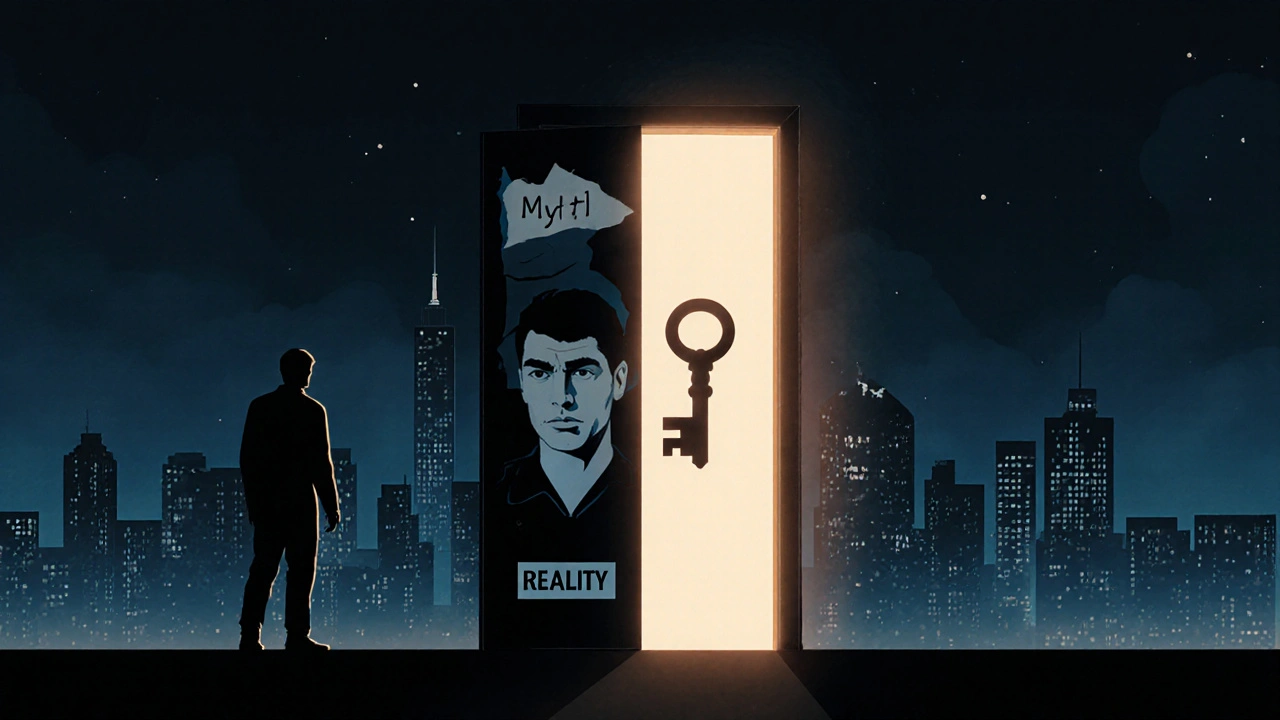 A figure unlocking a door from myth to reality, with shadows fading and human faces emerging.