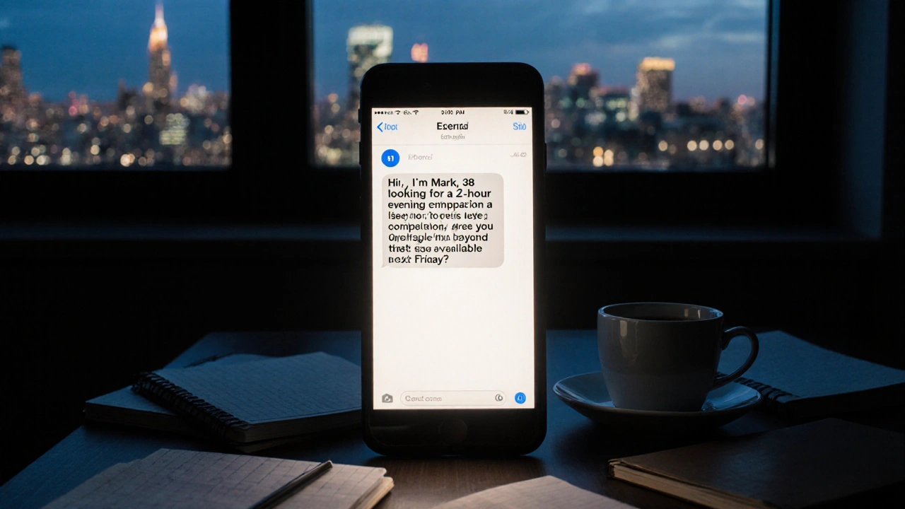A smartphone screen showing a polite message about arranging a companionship meeting.