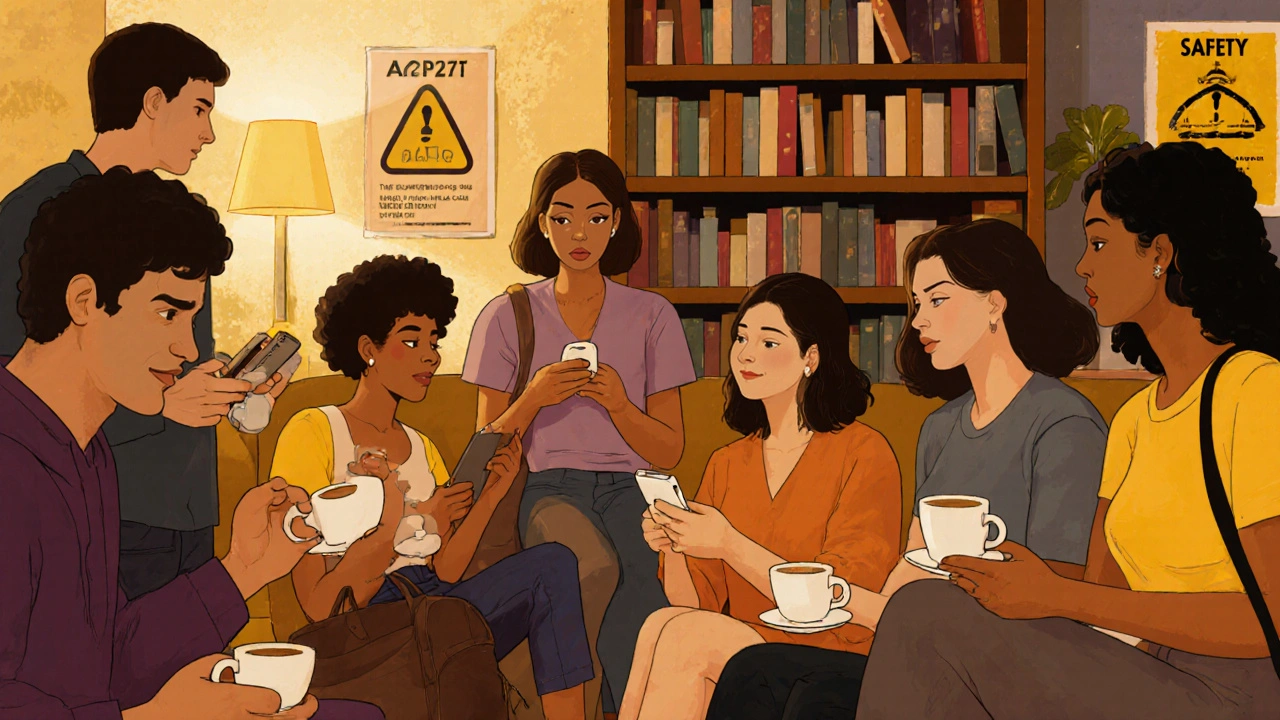 A supportive group of escorts meet in a safe space, sharing stories and checking in with each other.