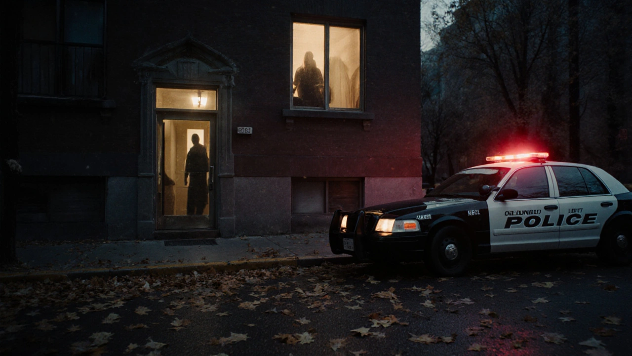 An apartment building at dusk with a lit window and a police car parked outside.