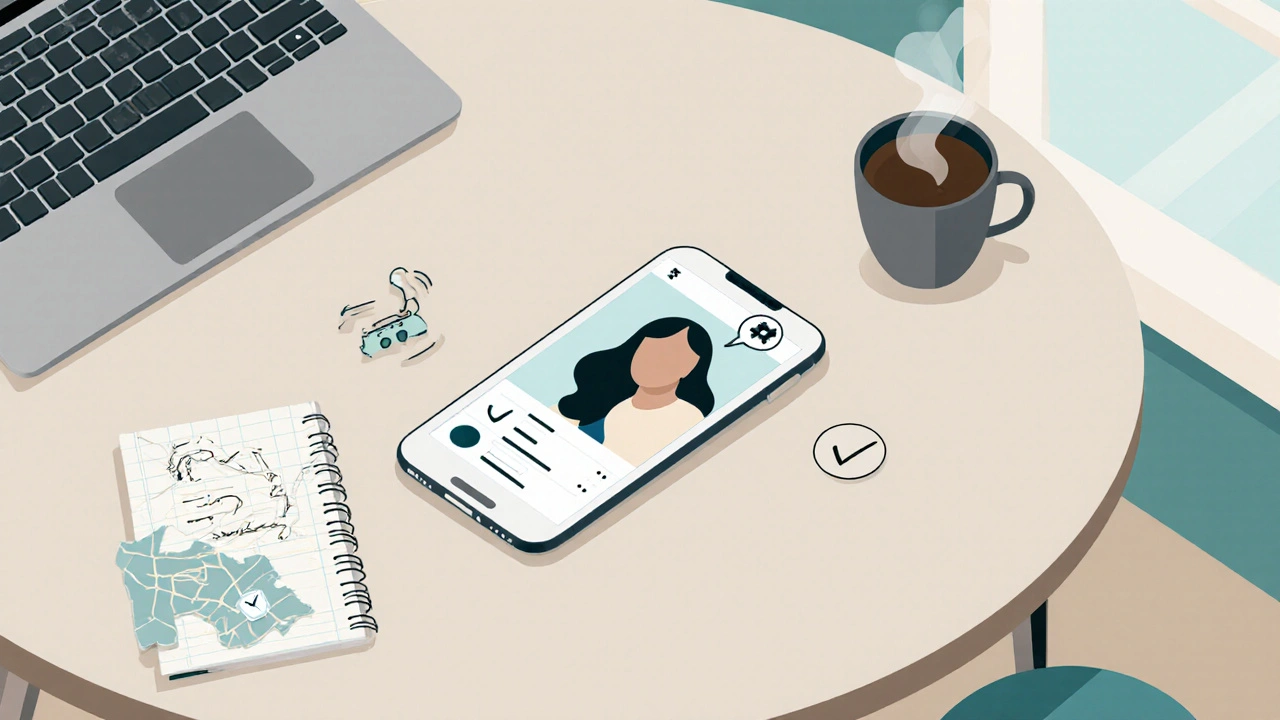 Cafe flat‑lay with phone showing blurred profile, laptop, notebook, coffee cup.
