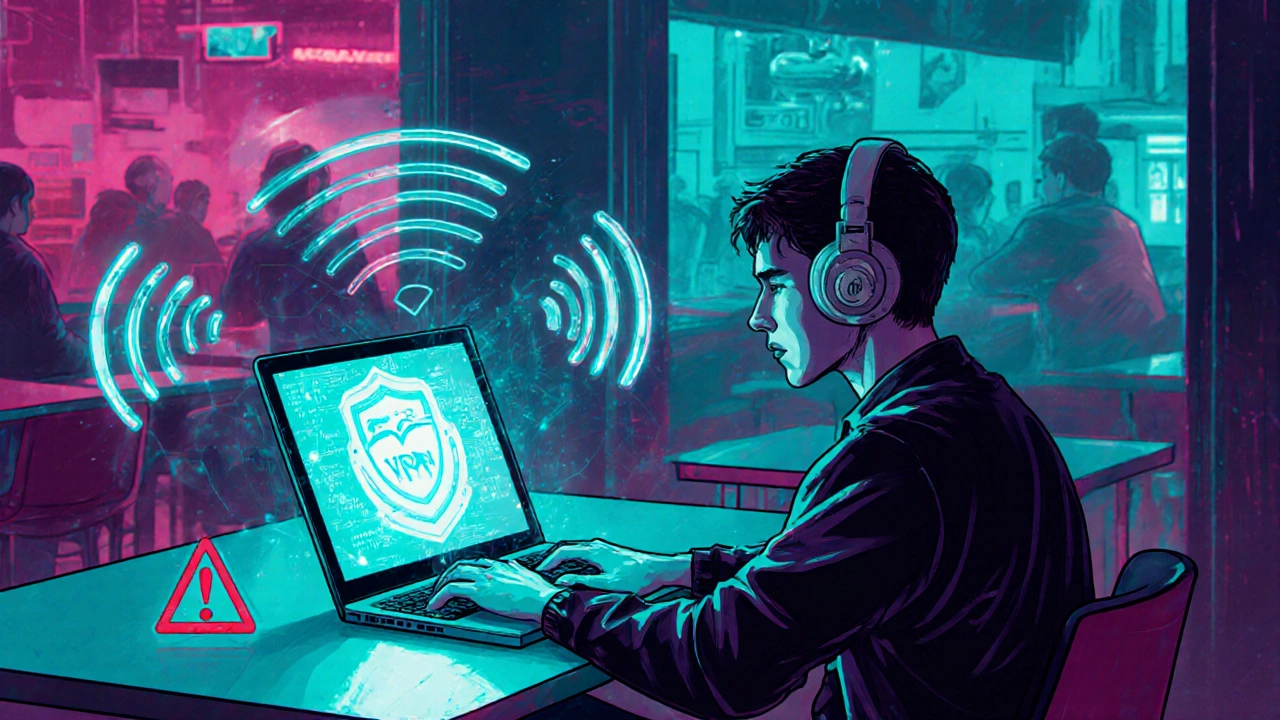 Cafe user browsing with a VPN icon and encrypted data streams in neon colors.