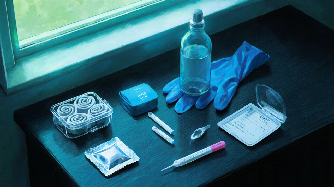 Close‑up of condoms, dental dam, lube and test kit on a dark tabletop.