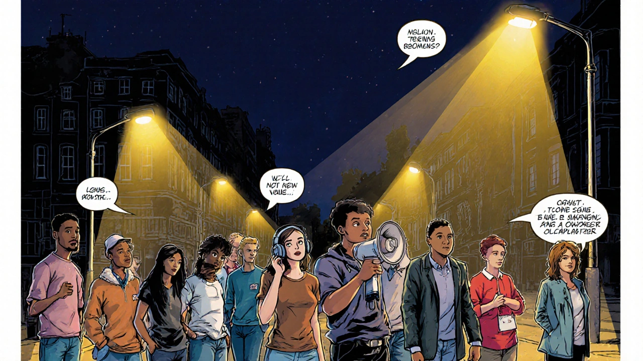 Comic‑style street with bright lights and workers advocating for safety.