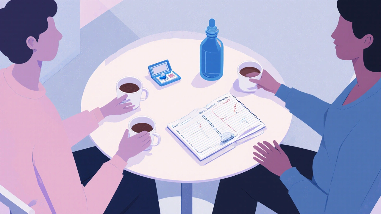 Cozy table scene with condom, lubricant, STI test kit, and checklist beside coffee cups.