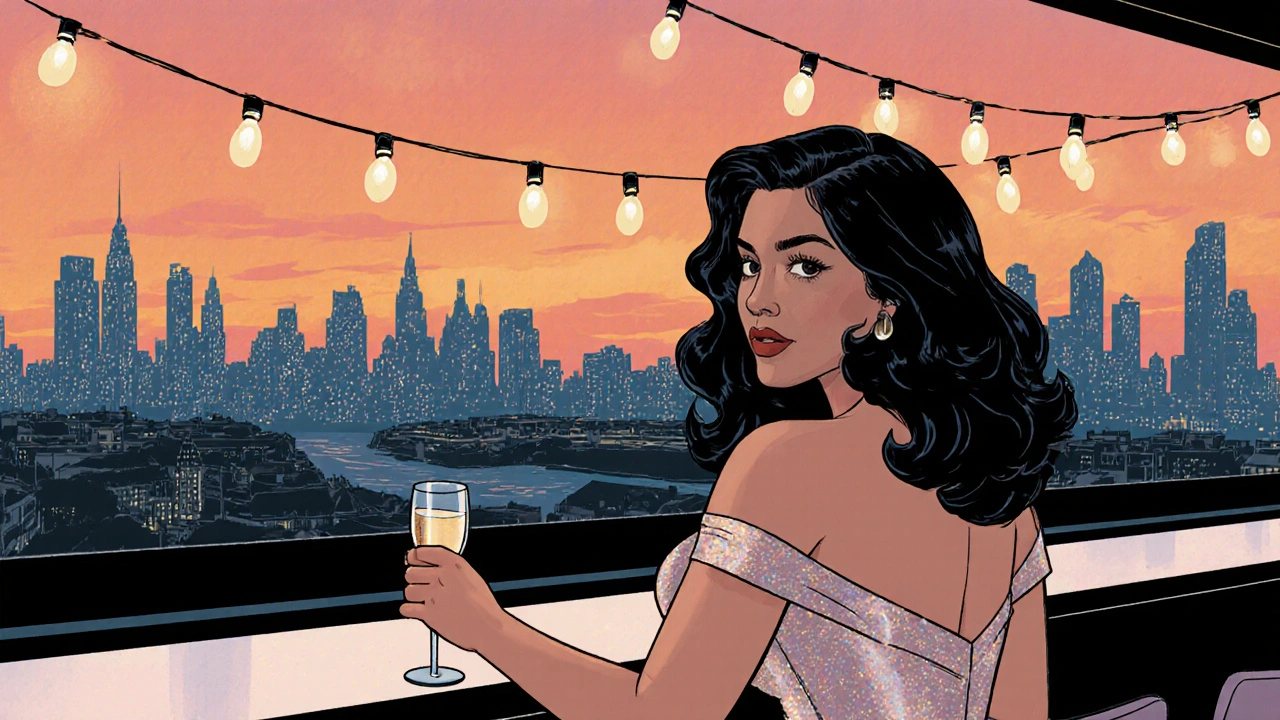 Curvy companion at a rooftop bar enjoying a drink with the London skyline at sunset.