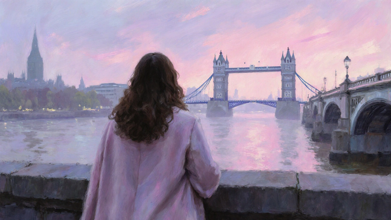 Curvy woman in a pastel coat standing by the Thames at sunrise, Tower Bridge distant.