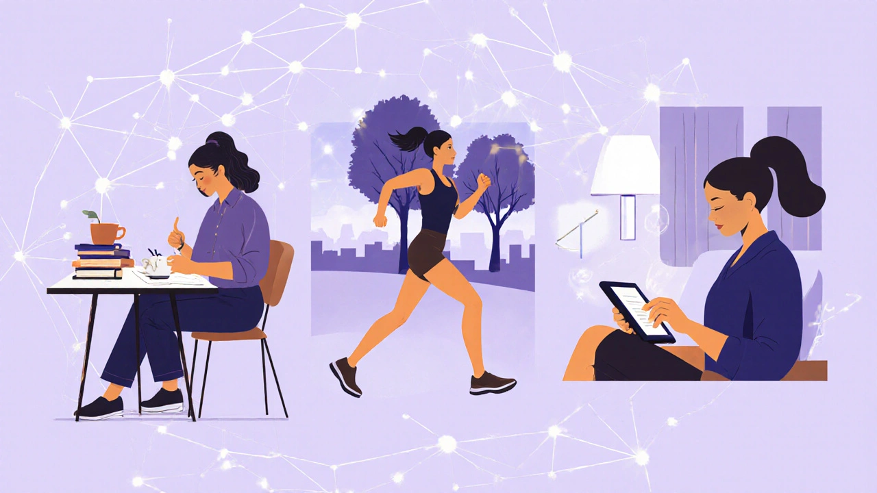 Diverse individuals living full lives — studying, jogging, working — connected by digital networks.