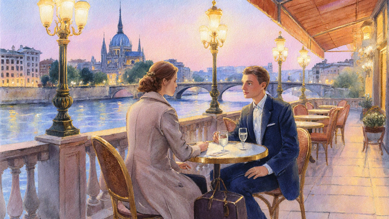 Elegant couple meeting at a European café at dusk.