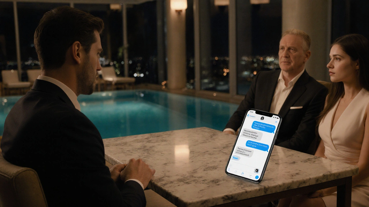 Elegant hotel lounge scene with discreet messaging on a phone, emphasizing safety.