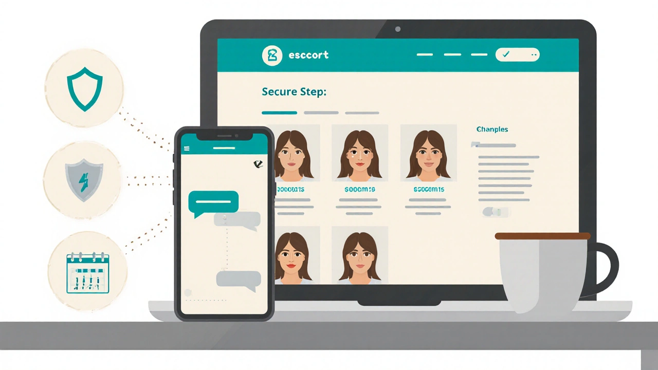 Flat‑design illustration of a laptop, phone and safety icons representing the booking process.