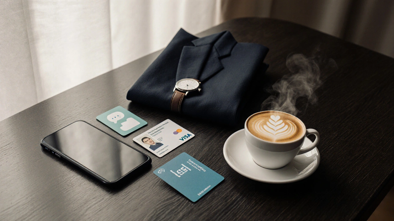 Flat‑lay of ID, prepaid card, blazer, watch, latte, and phone indicating secure chat.