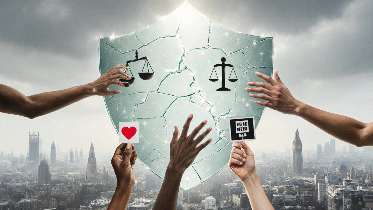 Fragile glass shield above a city, cracked and mended by hands representing sex workers seeking justice.