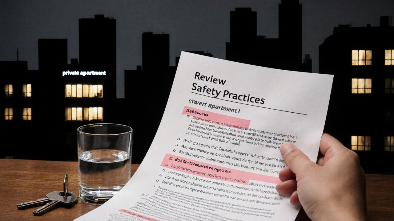 Hand holding a printed review with a key and glass of water on a table, city lights in background.