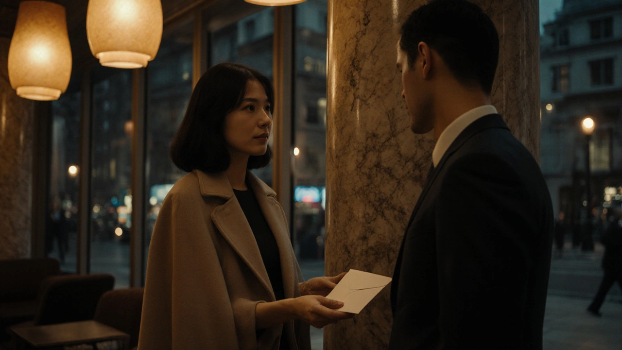 Hotel lobby scene where a client and Asian companion exchange a discreet envelope.