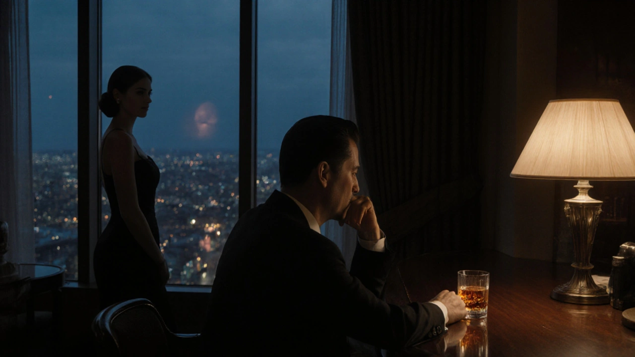 Hotel lounge at night showing a woman in a black dress near a window and a man at the bar.