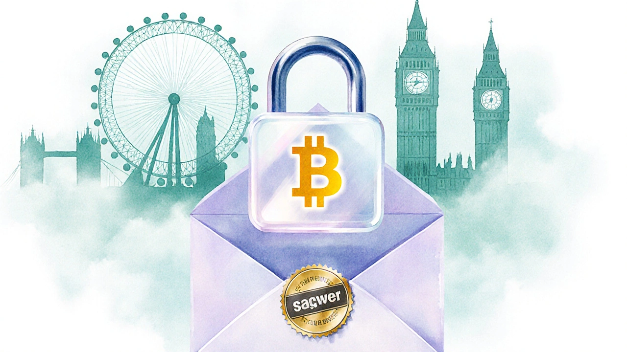 Illustration of a lock, crypto key, and safe‑word envelope over a London skyline.