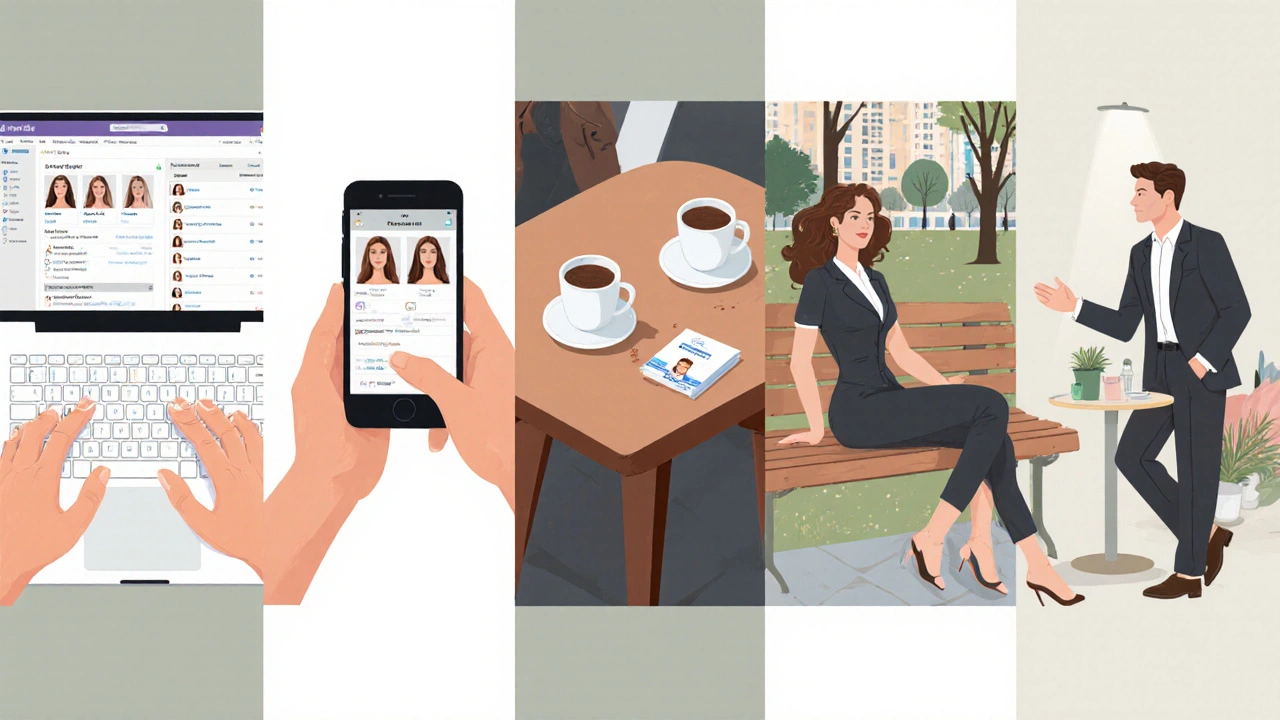 Illustration of five steps from browsing profiles to exchanging payment.