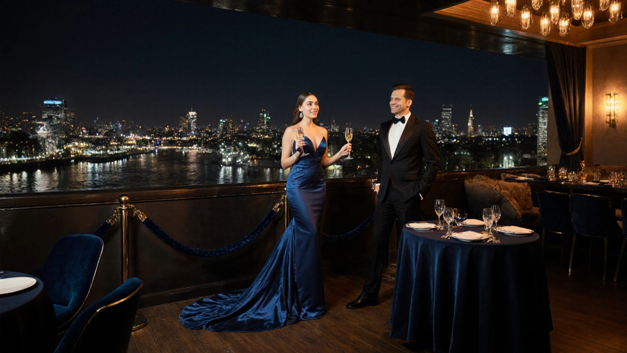 Luxury escort in evening gown holding champagne beside a tuxedoed client on a rooftop bar.