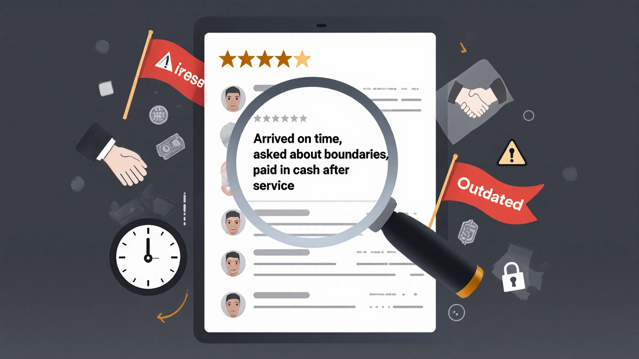 Magnifying glass examining a detailed escort review with safety and trust icons.