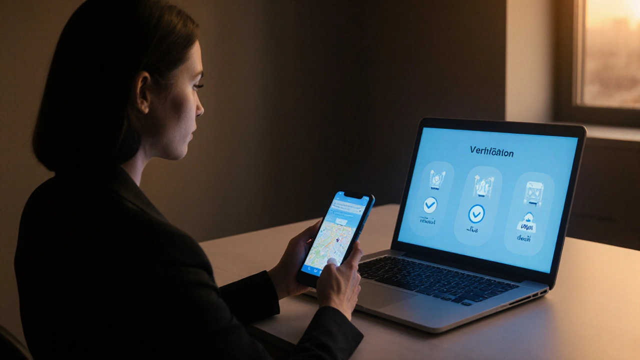 Modern office desk with laptop displaying safety‑focused escort platform.