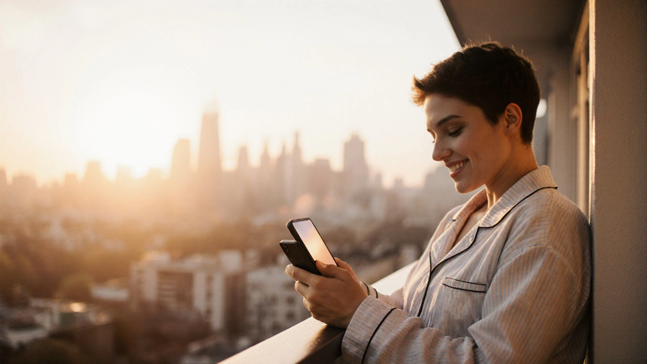 Person in pajamas smiles on a sunrise balcony while holding a phone, city skyline behind.