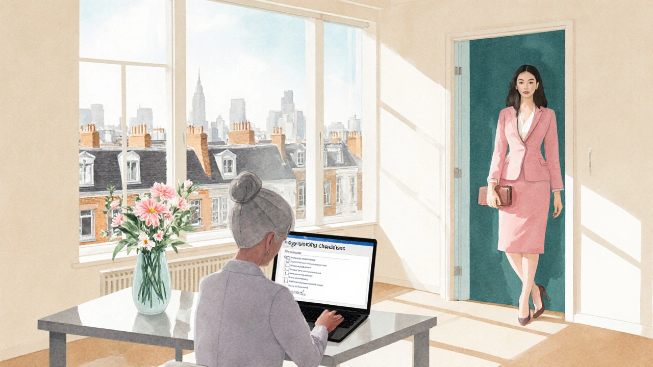Person reviewing a booking checklist at a desk with an escort nearby in a calm apartment.