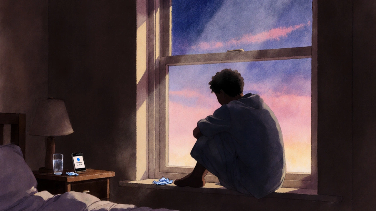 Person sitting by a window at sunrise, holding a condom wrapper and phone, looking reflective.