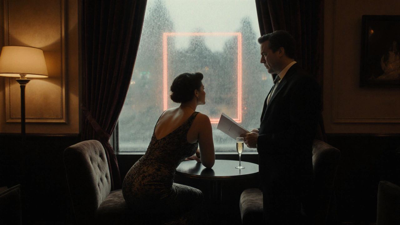 Private lounge scene with curvy woman and client, amber lighting and London night outside.