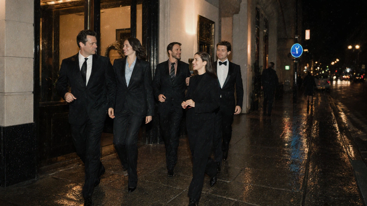 Professionals leaving a hotel with discreet companions in rainy London night.