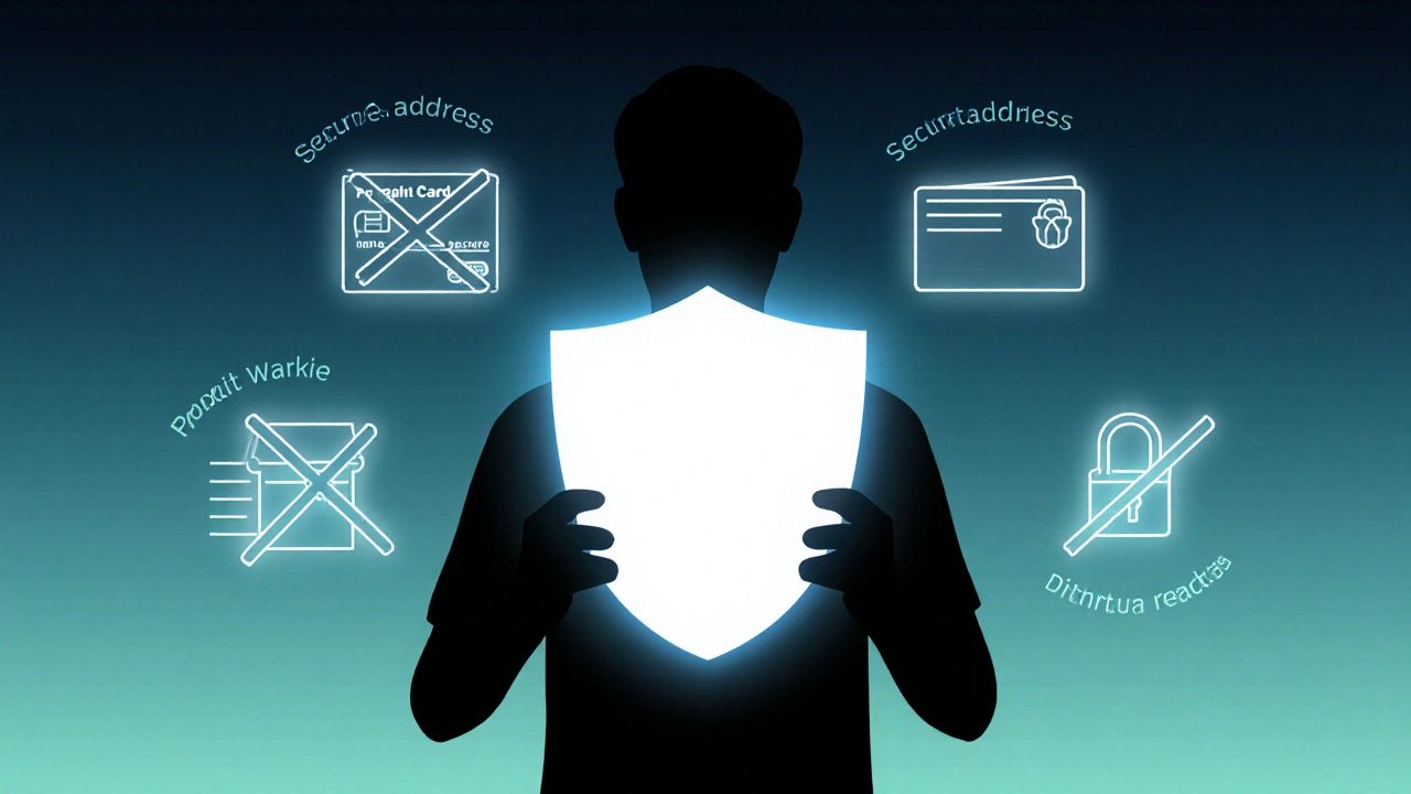 Silhouette holding a shield with prepaid card and escrow icons, emphasizing privacy.