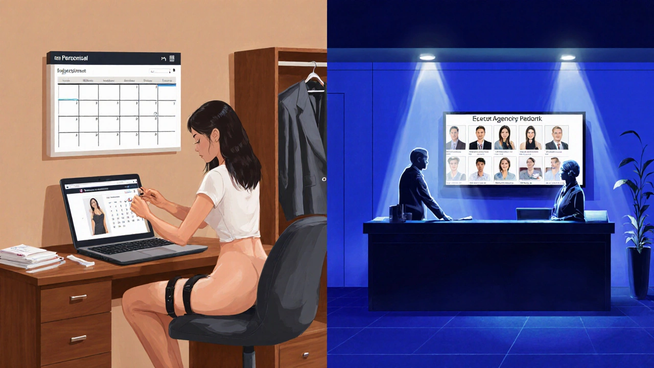 Split image contrasting an independent escort's home office with an agency reception.