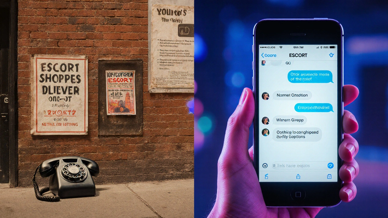 Split view showing 1970s print ads versus modern smartphone escort app.