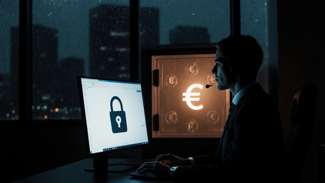 Support agent beside a glowing escrow safe in a dim office.