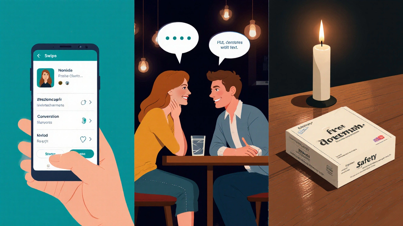 Three illustrated scenes: dating app on phone, couple talking at a bar, condom package on a table.