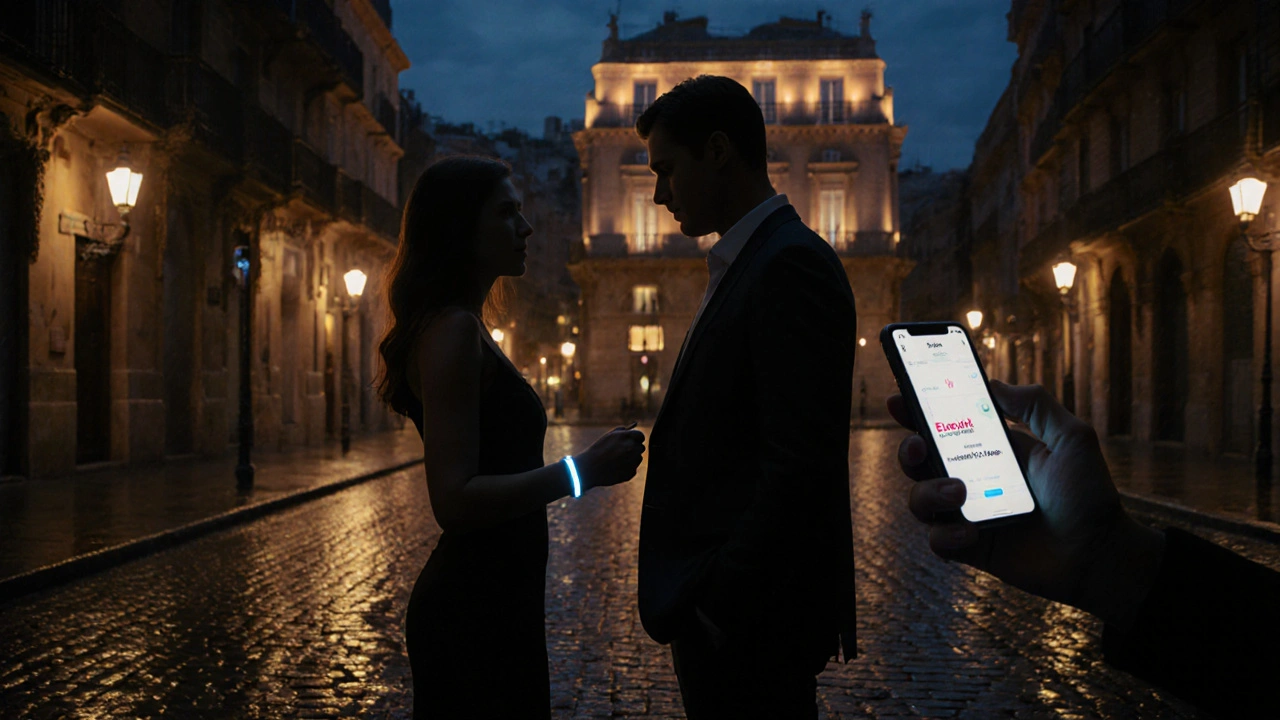 Traveler meeting an escort on a Barcelona street, both showing a safety wristband.