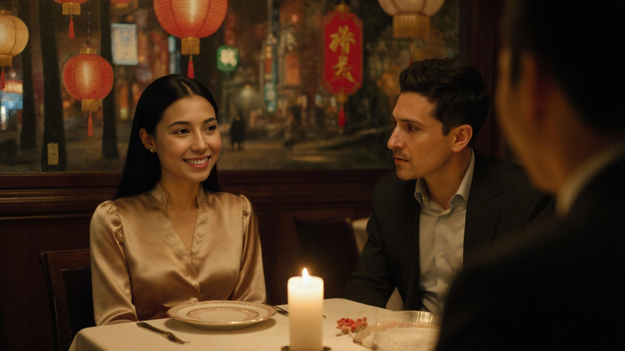 Warm restaurant scene showing an Asian escort and a gentleman sharing a friendly conversation.