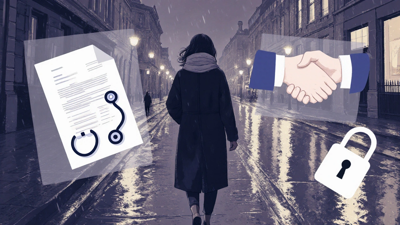 Woman walking at night in London with symbolic images of safety, healthcare, and legal rights around her.