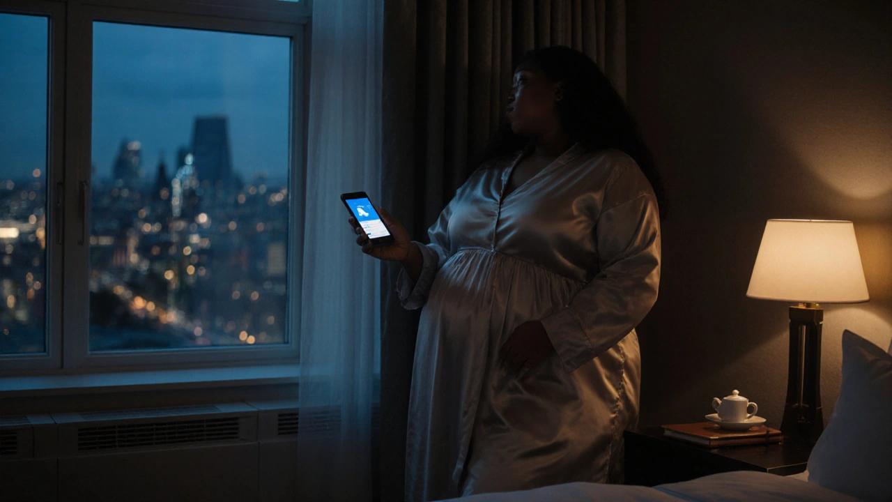 A BBW escort in a hotel room, calmly using a secure messaging app with city lights visible outside.