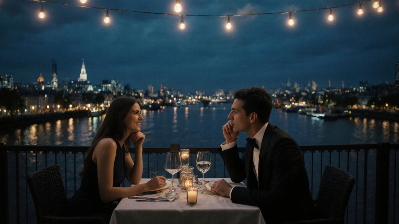 A couple enjoying a discreet dinner on a rooftop restaurant with London skyline and Thames views.
