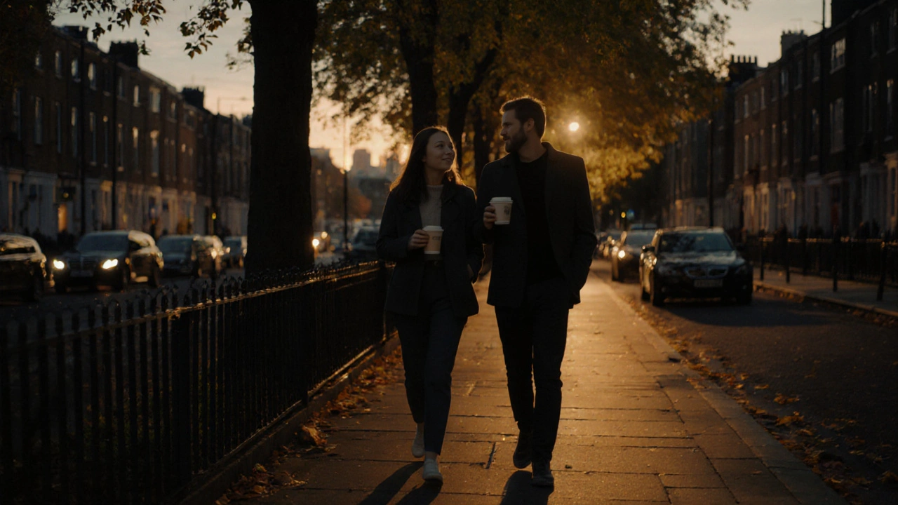 A couple walking peacefully along a tree-lined London street at twilight, sharing a quiet moment.