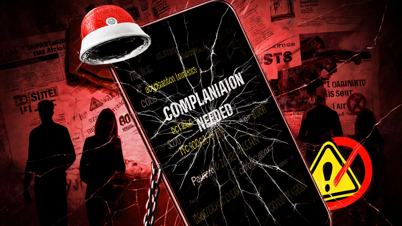 A cracked smartphone screen with coded ads overlaid by police sirens and red prohibition symbols.