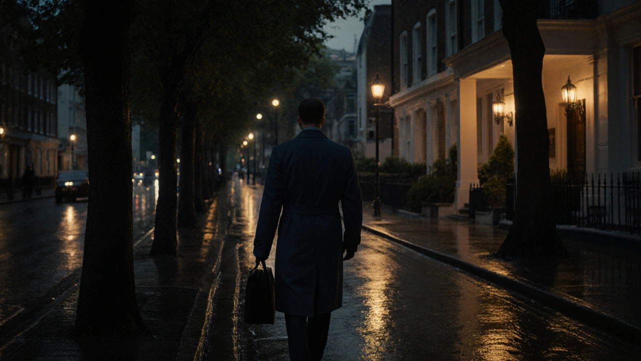 A discreetly dressed woman walking alone down a quiet North London street at dusk.