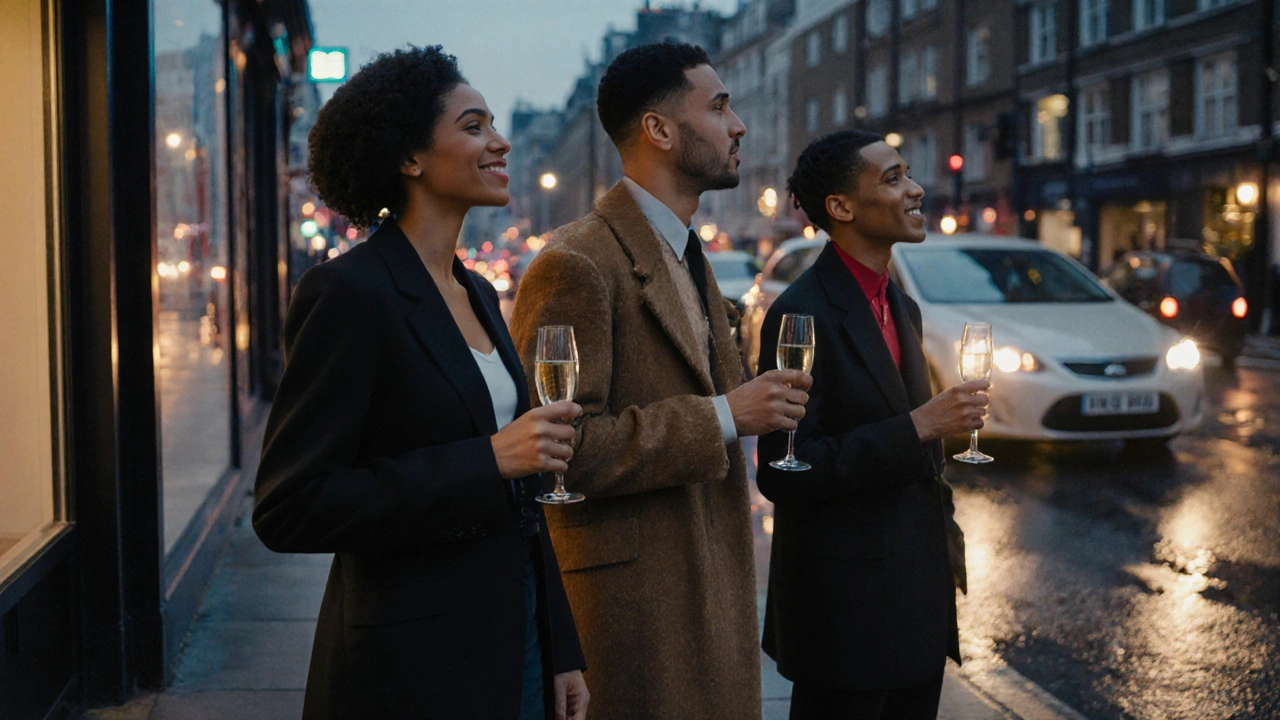 A diverse group of professionals enjoying an art gallery opening in East London at dusk.