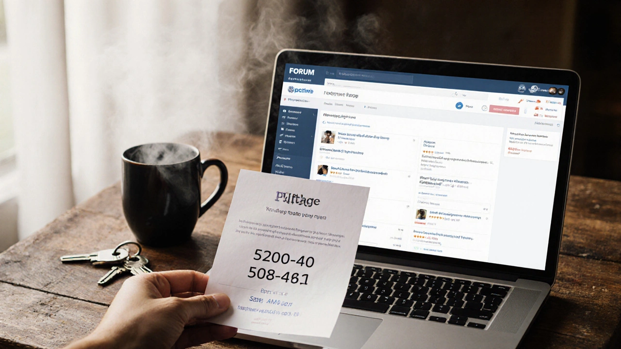 A hand holding a printed contact flyer next to an open laptop showing client reviews.