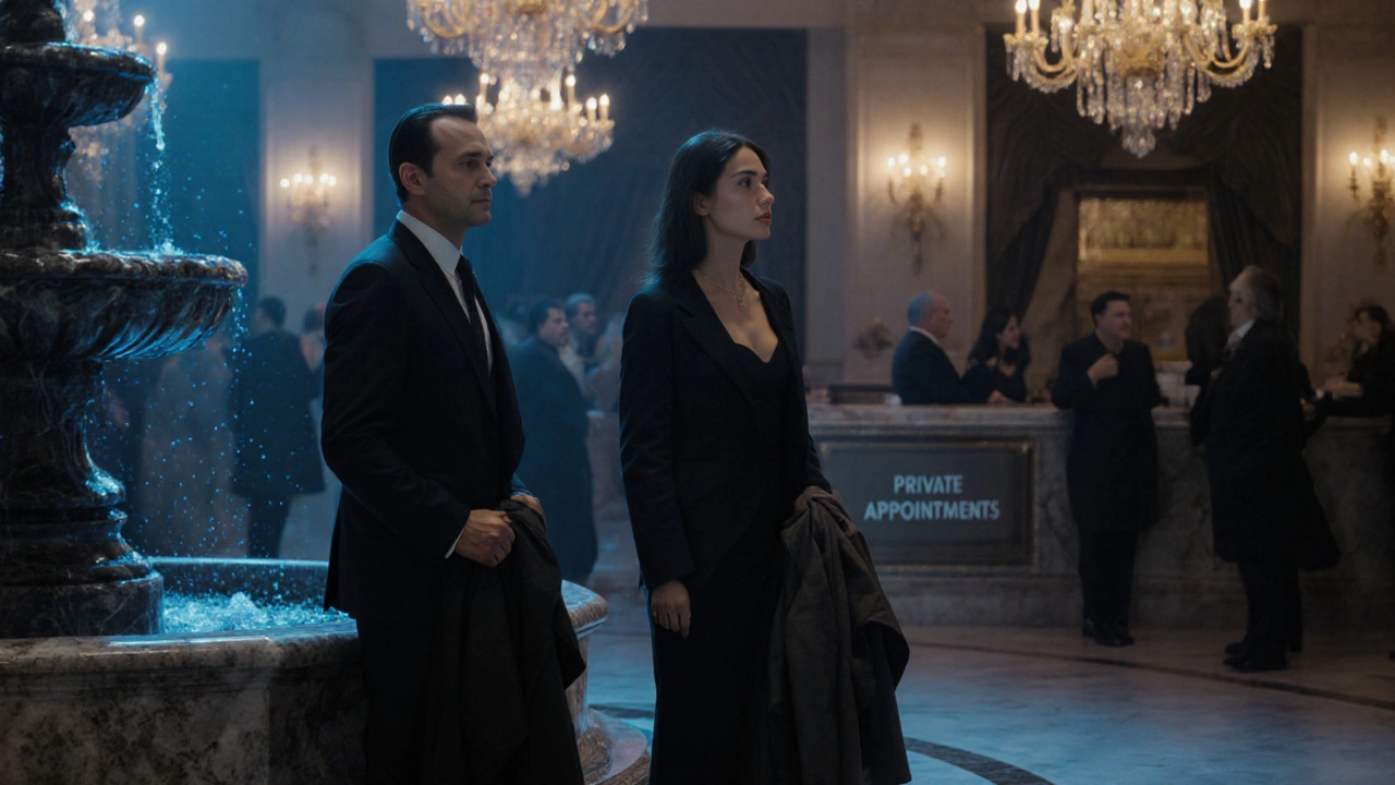 A man and woman in a hotel lobby, preparing to leave together, dressed formally.