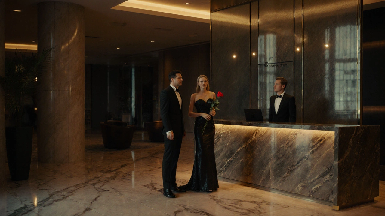 A man and woman meeting discreetly in a luxury London hotel lobby.
